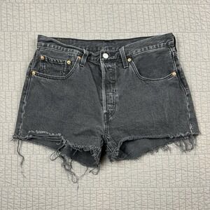 Levi's 501 Shorts Women's 30 Black Button Fly Cut Off Distressed Denim Jean
